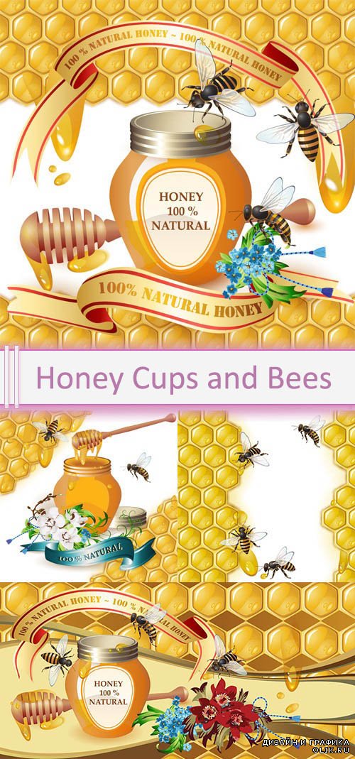 Vector Honey Cups and Bees