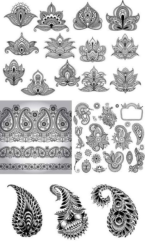 Индийские Пейслийские украшения в черно белом формате