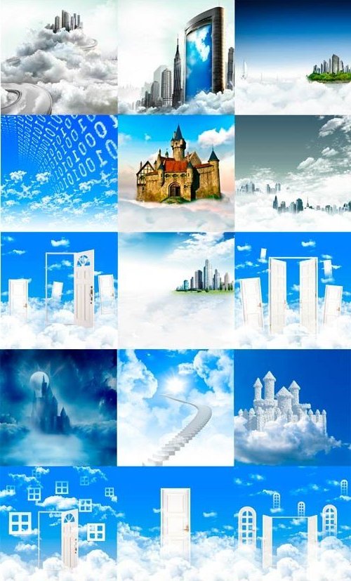 Города в облаках картинки - дома, окна, двери, небоскребы, лестницы