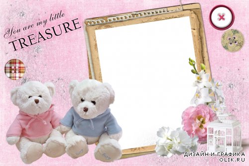 Детская фоторамка с плюшевыми медвежатами и розовым фоном