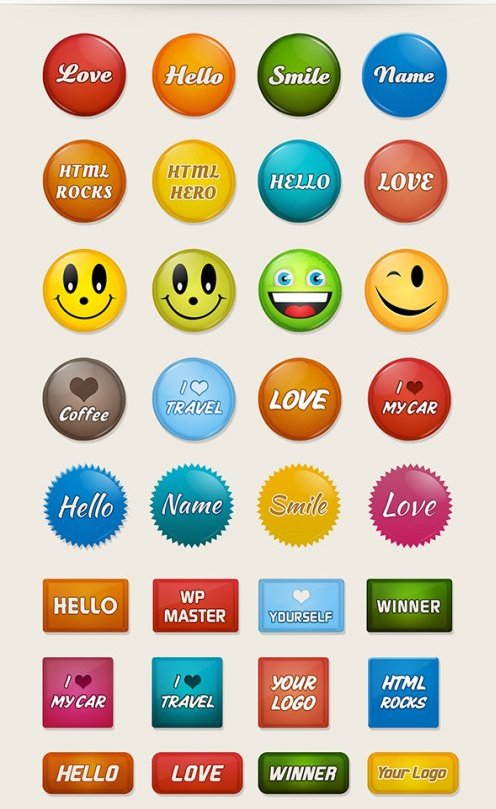 Коллекция разноцветных бейджиков - слова, улыбки, квадратные и круглые в формате PSD