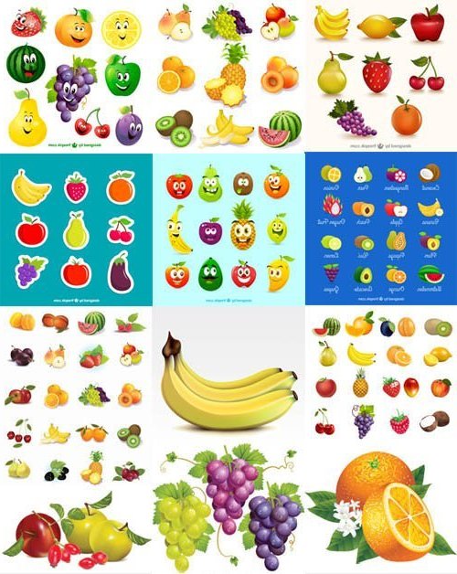 Векторные картинки вкусных фруктов и овощей, а также веселые фрукты с глазами
