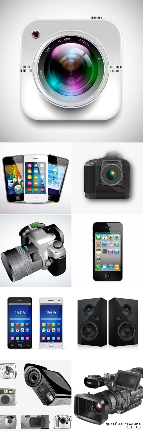 Мобильные телефоны, фотоаппараты, видеокамеры - векторный клипарт. Realistic technology vector