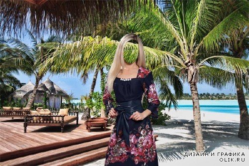  Женский фото шаблон - Блондинка в платье на море 