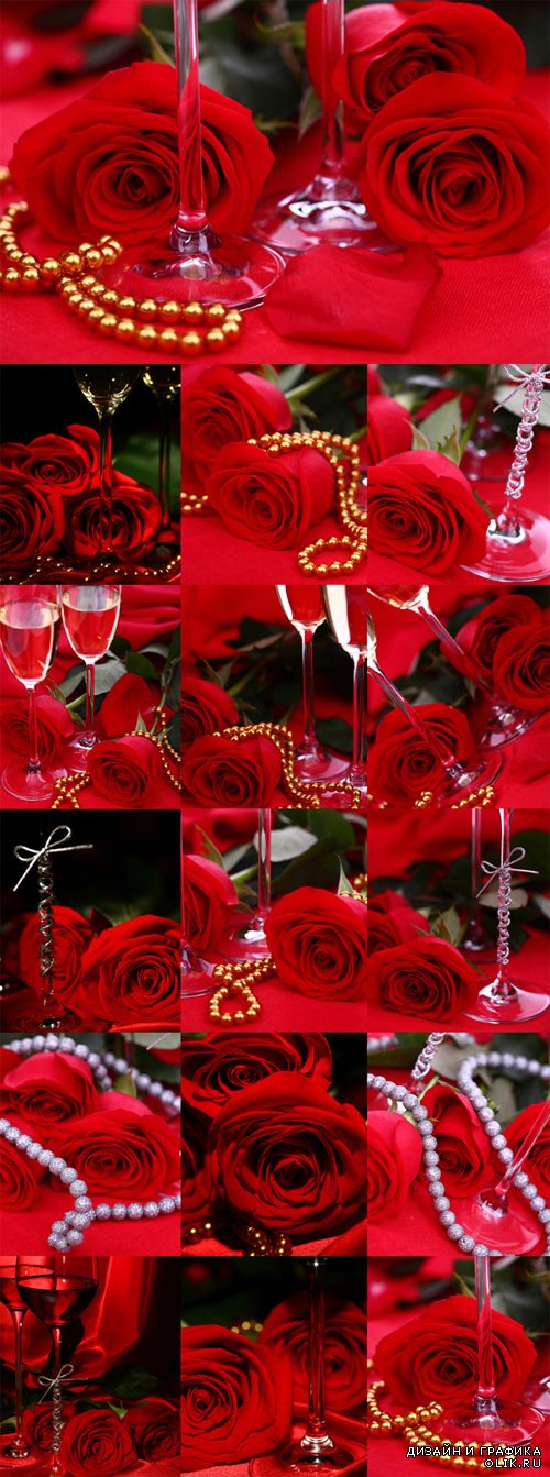 Красные розы, бокалы, украшения - фотоклипарт. Red roses are on the decorated table
