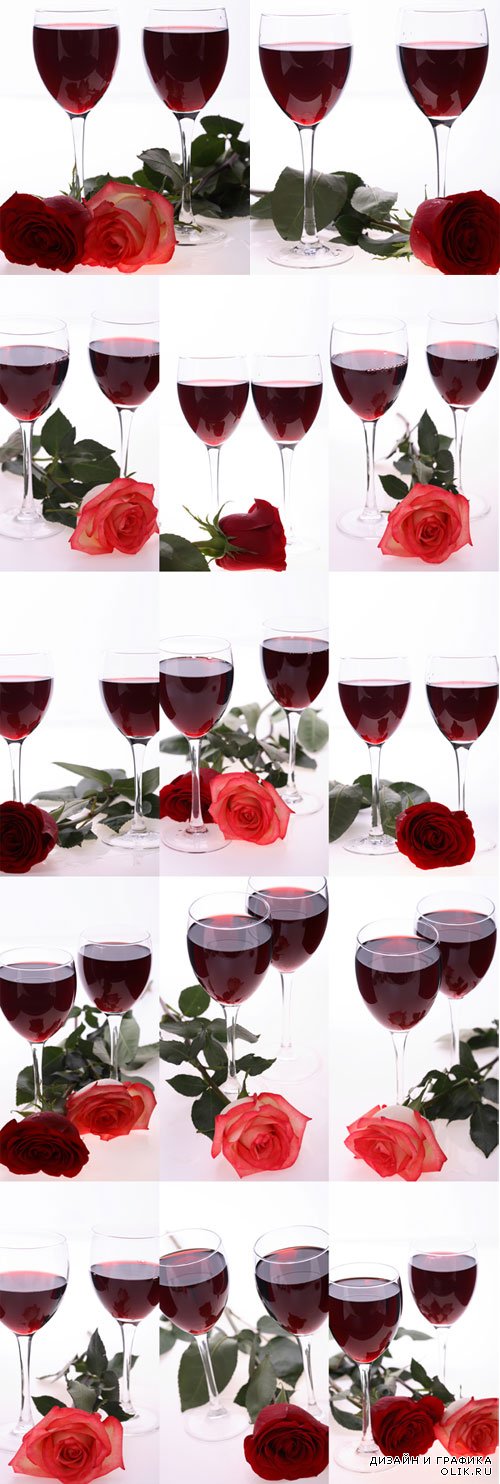 Вино и розы - фотоклипарт. Wine and red flourishing rose