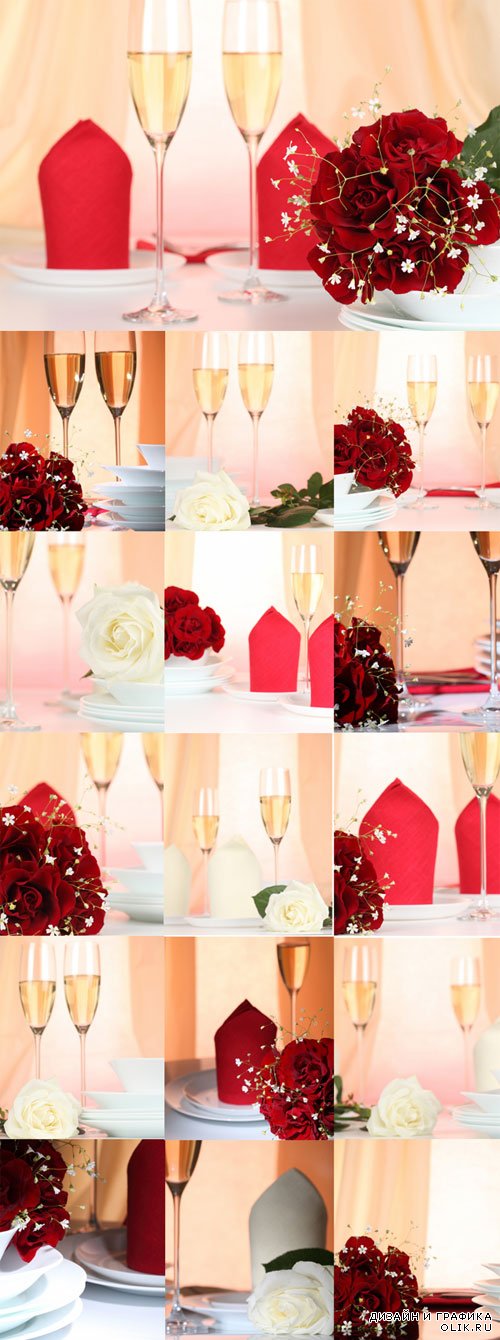 Сервировка стола, столовые приборы, розы - фотоклипарт. Table devices with a red and white roses