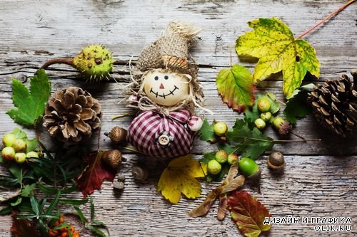 Осенняя композиция на фоне дерева с листьями, грибами и соломенным чучелом