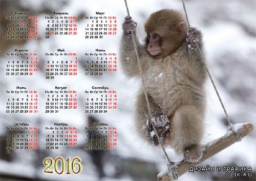  Красивый календарь - Маленькая обезьянка зимой 