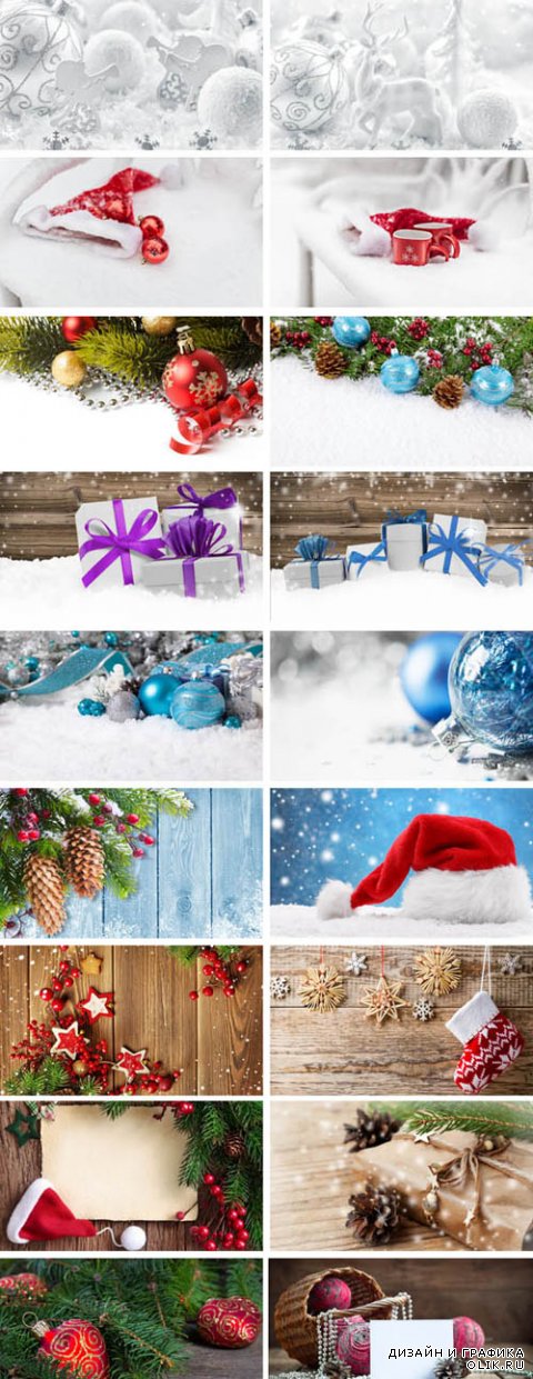 Новогодние и рождественские фоны - елочные игрушки, подарки, шапка санта клауса