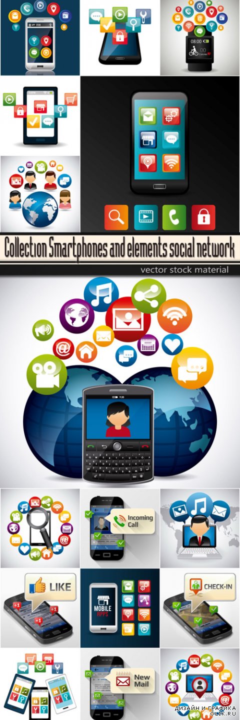 Collection Smartphones and elements social network
