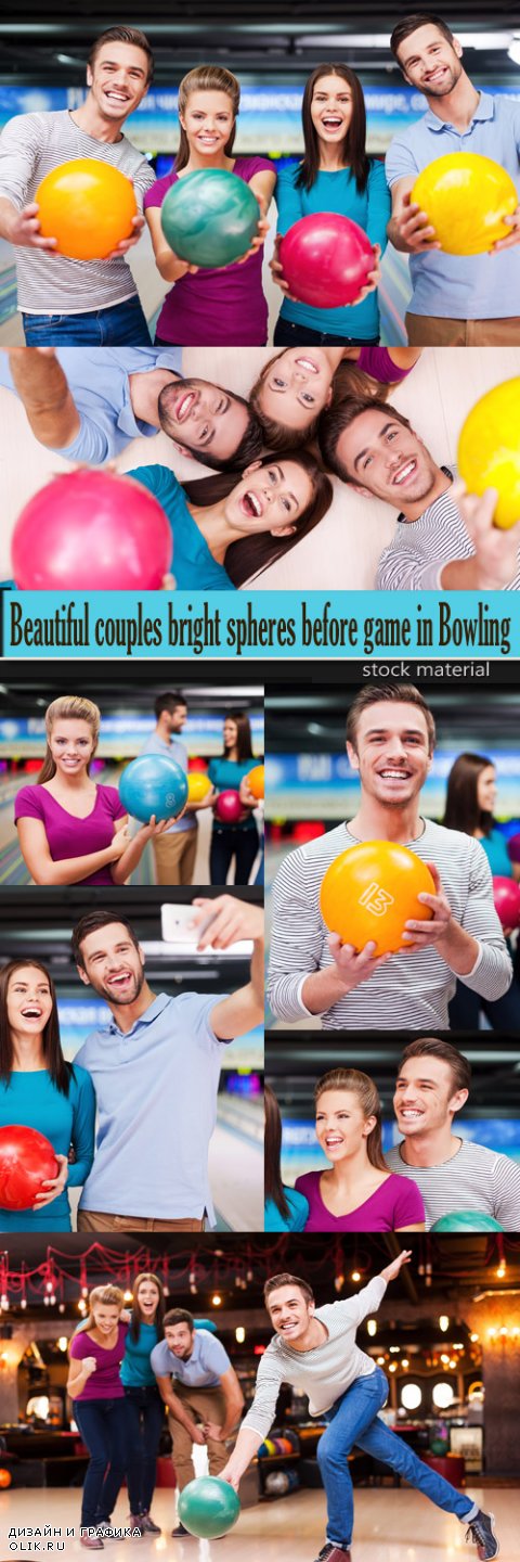 Beautiful couples bright spheres before game in Bowling