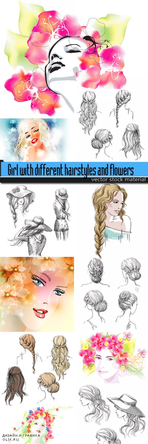 Girl with different hairstyles and flowers