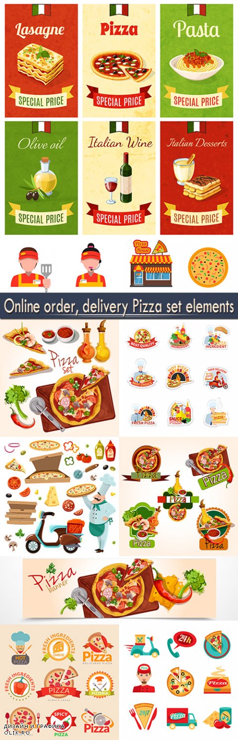 Online order, delivery Pizza set elements