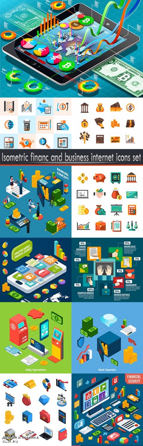 Isometric financ and business internet icons set