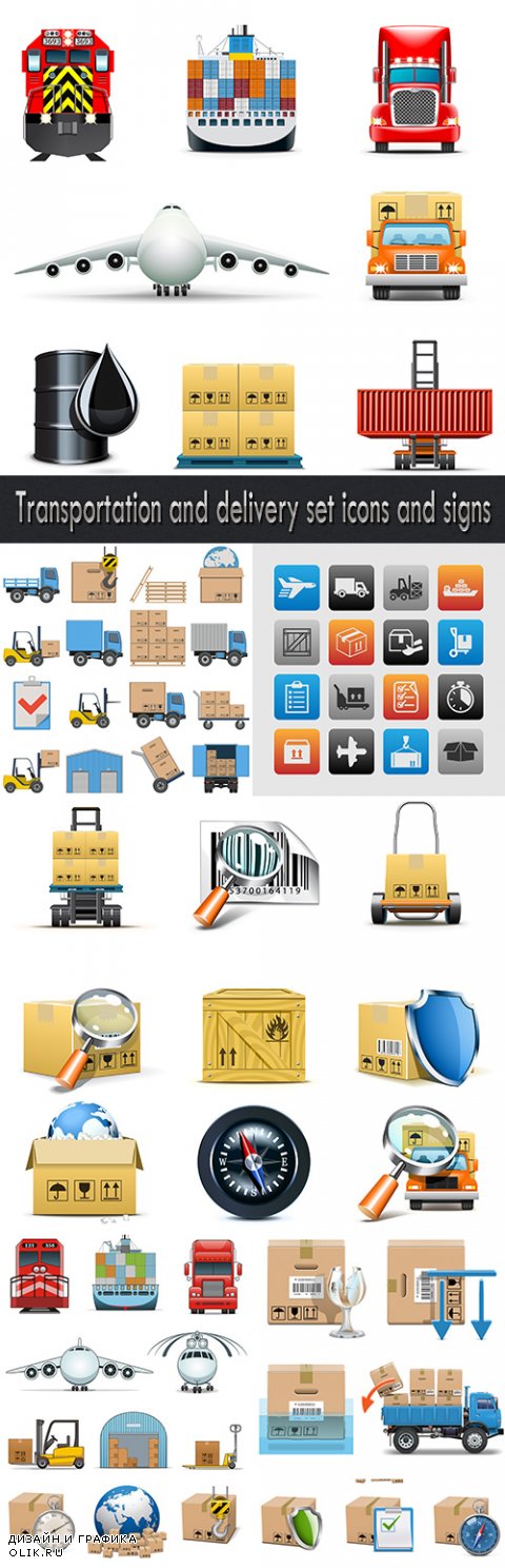 Transportation and delivery set icons and signs