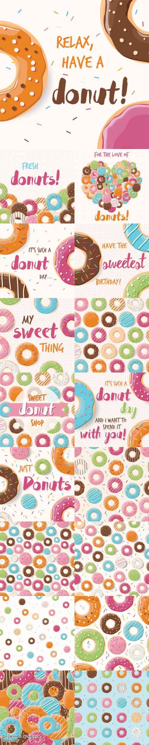 Vector  Posters and Patterns Design with Colorful Glossy Tasty Donuts