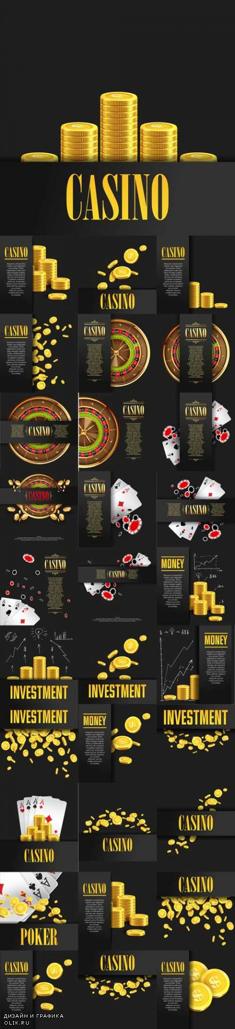 Vector Casino Poster Backgrounds or Flyer with Golden Money Coins