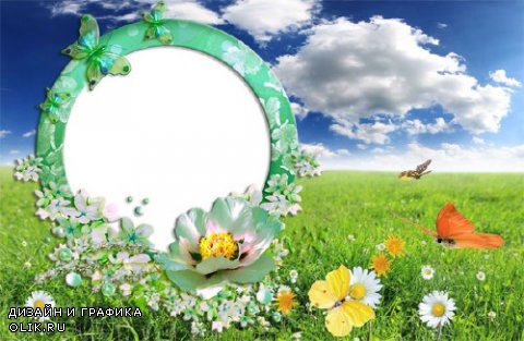  Рамка для фотошоп - Летняя полянка с бабочками 