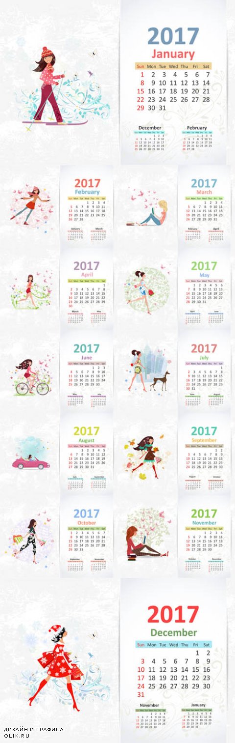 Vector Calendar 2017 with Nice Young Woman