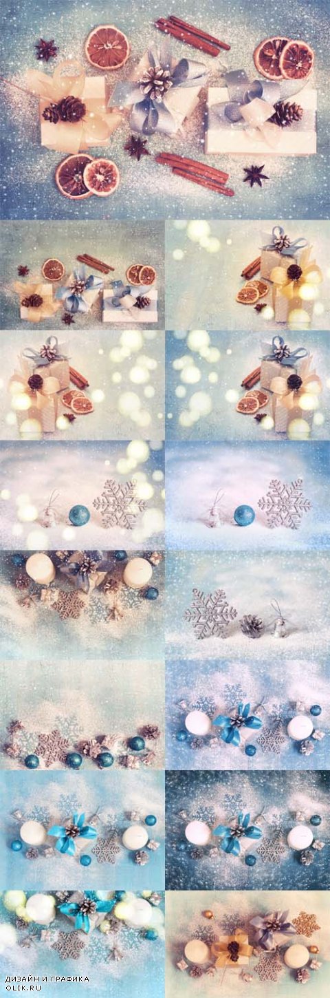 Photo Christmas Gifts Boxes with Bows and Cones Vintage Tinted and Snow