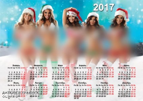  Календарь 2017 - 5 снегурочек в бикини 