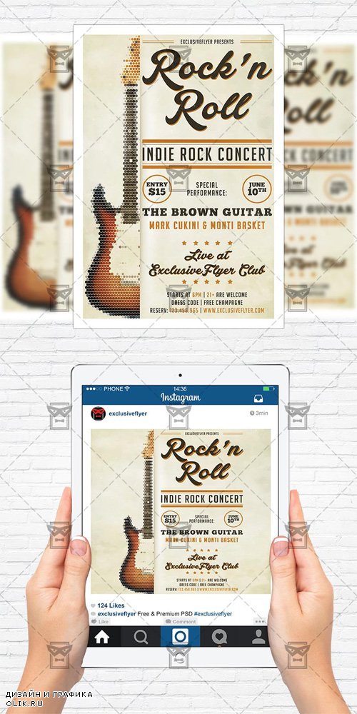 Flyer Template + Instagram Size Flyer - Indie Rock Guitar