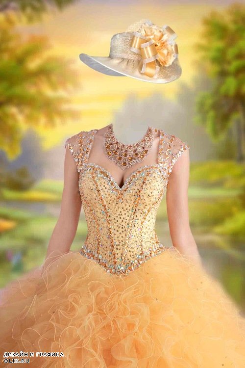 Шаблон женский для фотошопа - Бальное платье золотое