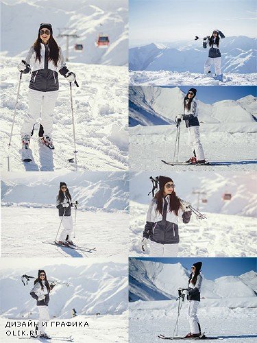 Девушка-лыжница в горах - Клипарт / Girl-skier in the mountains - Clipart