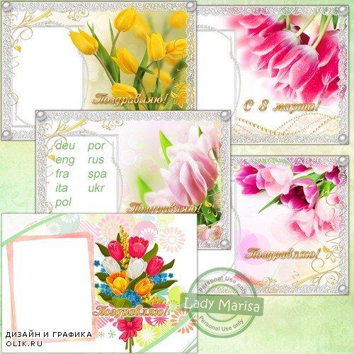 Набор поздравительных фоторамок - Разноцветные тюльпаны