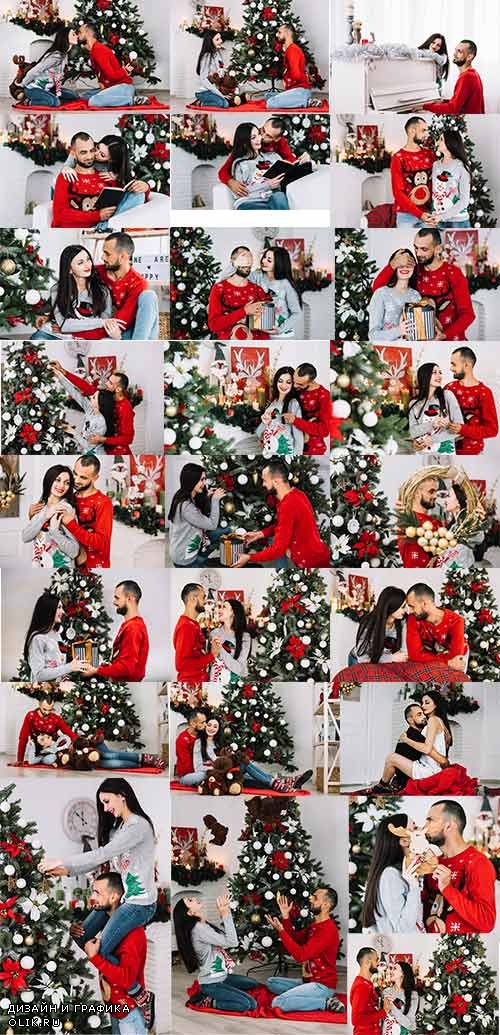 Счастливая пара наряжает ёлку - Клипарт / Happy couple decorates christmas tree - Clipart