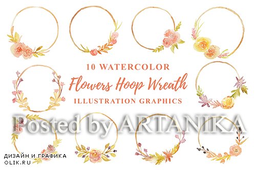 10 Watercolor Flowers Hoop Wreath Illustration