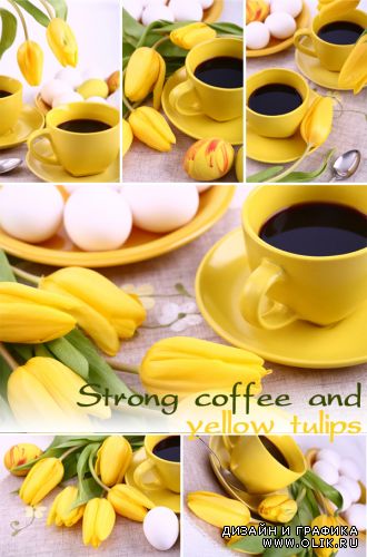 Strong coffee and yellow tulips