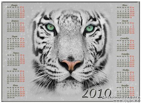 Шаблон для фотошоп - Календарь на 2010 год с тигром