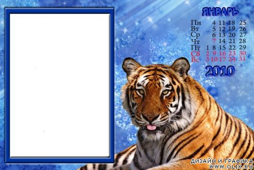 Календарь на январь 2010 с тигром