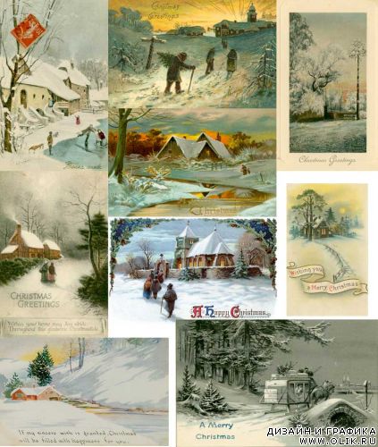 Зарубежная рождественская открытка начала 20 века (Рамки, Пейзажи, Живность)