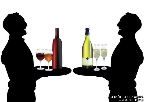 Two silhouettes of waiters with wine and champagne