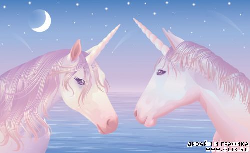 Two magic unicors on a beautiful sunset