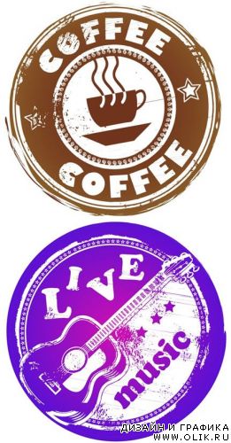 Grunge rubber stamp with guitar and coffee cup