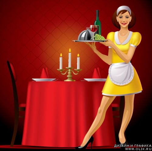 Young waitress in red restaurant interior with