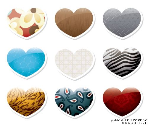 Glossy heart stickersicons in different textures