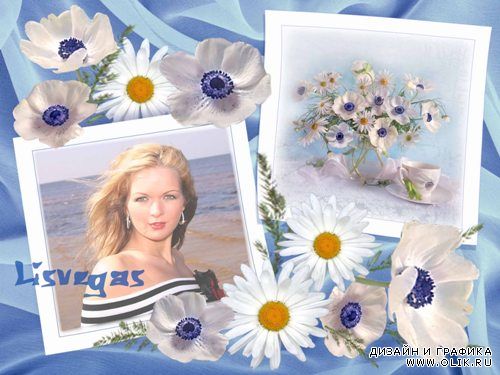 Летняя рамка для фото –  Нежные полевые цветы на голубом фоне