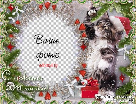 Зимняя рамка для фото - Забавный котенок в новогодней шапке