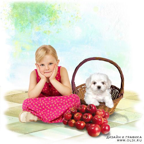 Мини-скрап-набор "Красные яблоки Белый щенок"