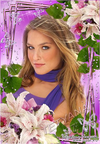 Цветочная рамка для фотошоп - Нежные белые лилии в фиолетовом цвете