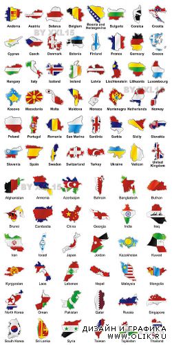 European and asian flags in map