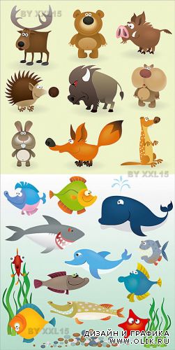 Cartoon animals and fishes