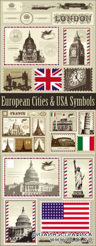 European Cities & USA Symbols Vector