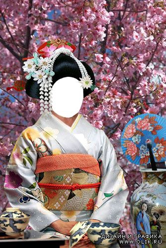 Шаблон Японская женщина под сакурой