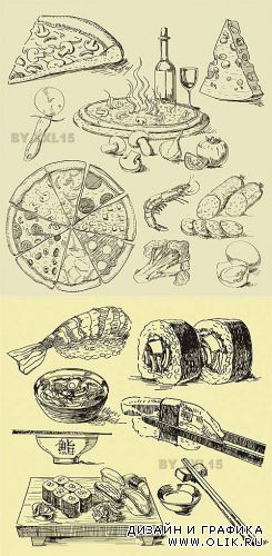 Hand drawn pizza and sushi